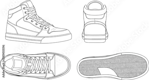Detailed technical drawing of a high-top sneaker from multiple angles