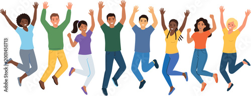 Group of Diverse People Jumping with Joy, Celebrating and Having Fun, Vector Illustration for Websites, Apps, and Digital Media Designs
