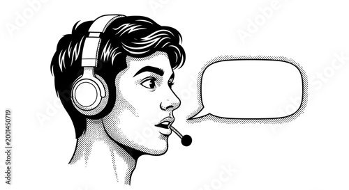 Person wearing a headset and speaking into a microphone with a speech bubble