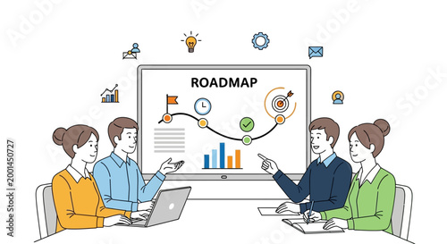 Business team discusses roadmap with graphs on screen in meeting