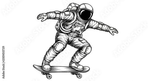 Astronaut performs skateboard trick in space suit outdoors on Earth