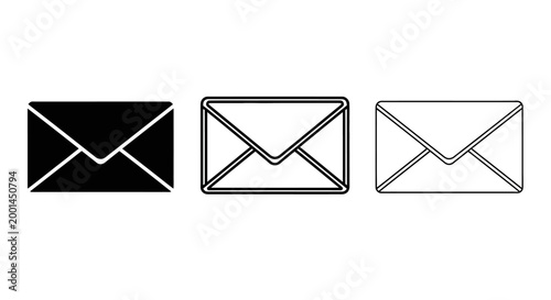 Three envelopes are shown in black, outline, and gray on white background