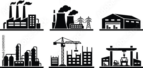Industrial factory and construction site icons in black silhouette on white background for business and industry concepts