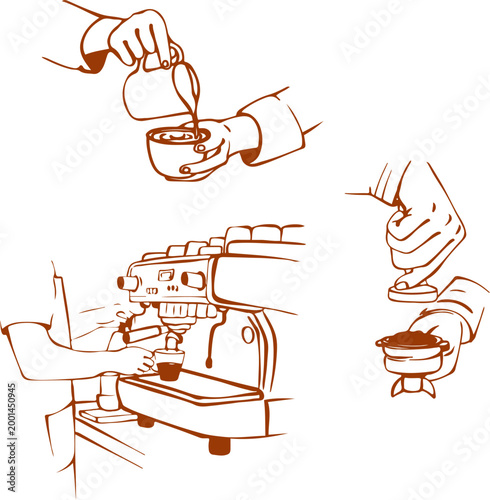 Barista hands making coffee espresso machine latte art cafe sketch. Vector illustration