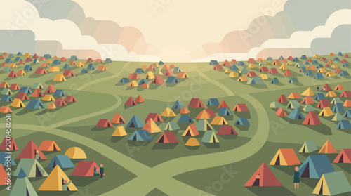 This flat design vector captures the vast and colorful Glastonbury Festival campsite at dawn, illustrating the community and scale of the event with minimalist tents and figures.
