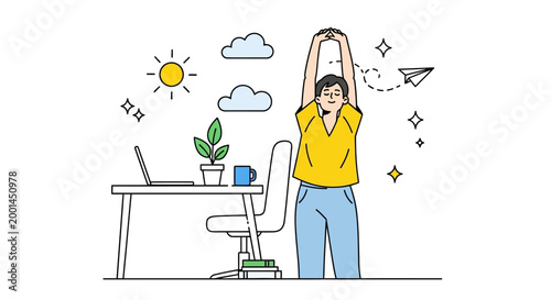 Person stretching at desk with laptop and plant in office setting with sun and clouds
