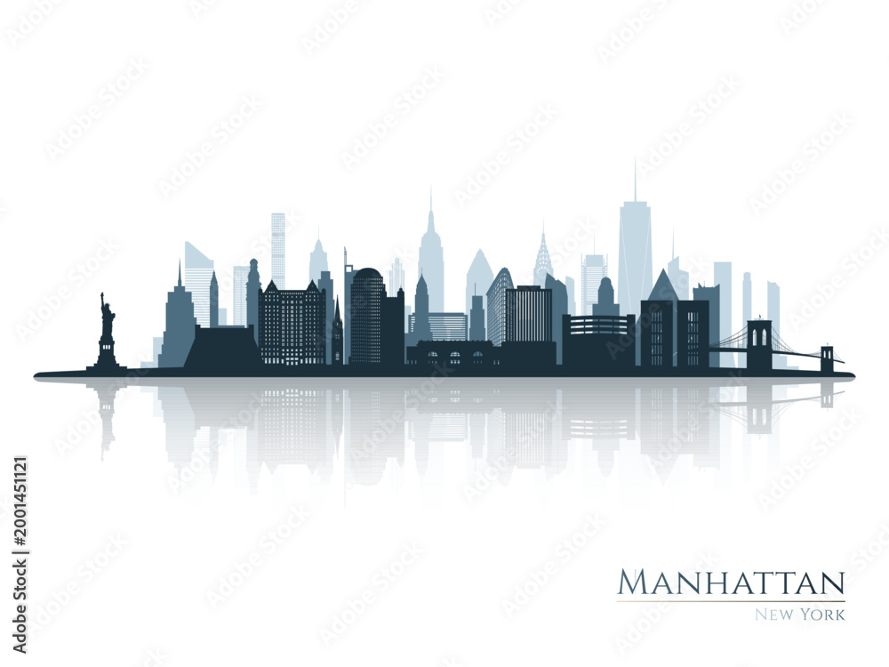 Fototapeta premium Manhattan NY skyline silhouette with reflection. Landscape Manhattan. Vector illustration.
