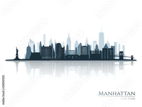 Manhattan NY skyline silhouette with reflection. Landscape Manhattan. Vector illustration.