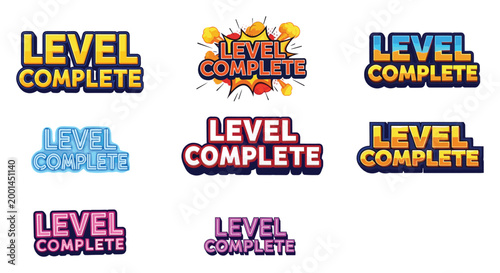 Collection of colorful level complete badges for gaming and design projects