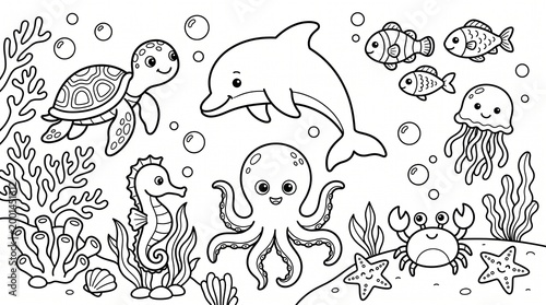 sea underwater animals for kids outlined colouring page cute with white background