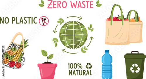 Vector Illustration of Zero Waste Concept Including No Plastic, Recycling, Eco-Friendly Bags, and Natural Products for Sustainable Living