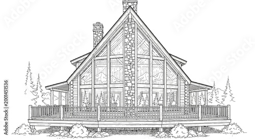 A serene mountain lodge with large windows and a spacious deck surrounded by evergreen trees and rocks in a natural setting, with a stone chimney plkjhu ai