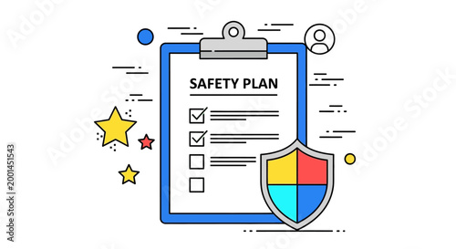 A safety plan document on a clipboard with a shield and colorful icons represents protection and security measures.
