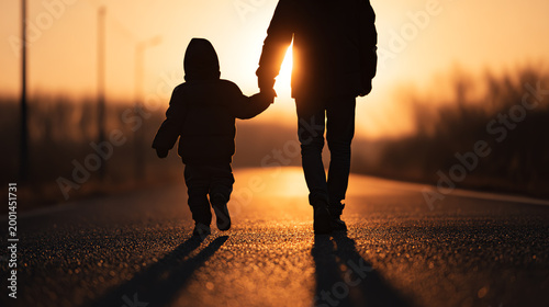 A silhouette of a parent holding hands with a child, walking on a road at sunset, symbolizing love and connection.