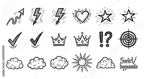 Various icons including symbols and objects are illustrated in a graphic style on a plain background with elements like stars and lightning.