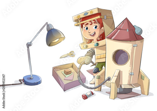 Little girl building a rocket out of cardboard, children's illustration