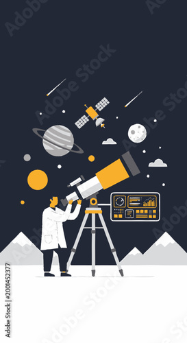 Scientist Observing the Cosmos Through a Powerful Telescope at Night.