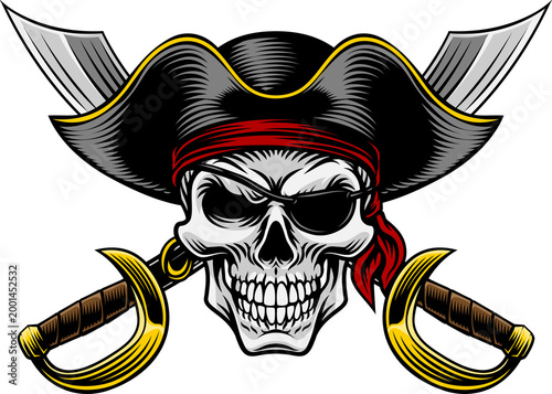 Pirate skull crossbones wearing a tricorn captain hat, eyepatch with crossing sabers or scimitar cutlass pirate swords. In a vintage retro woodcut style.