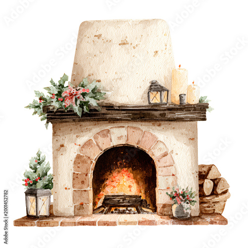 Cozy Christmas Fireplace and Hearth Watercolor Illustration