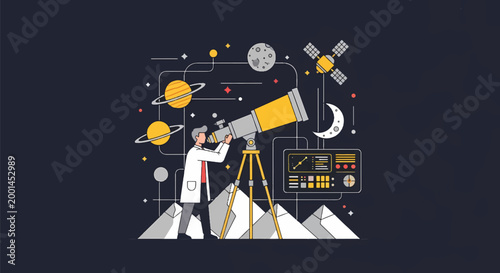 Scientist Observing the Cosmos Through a Powerful Telescope Illustration.