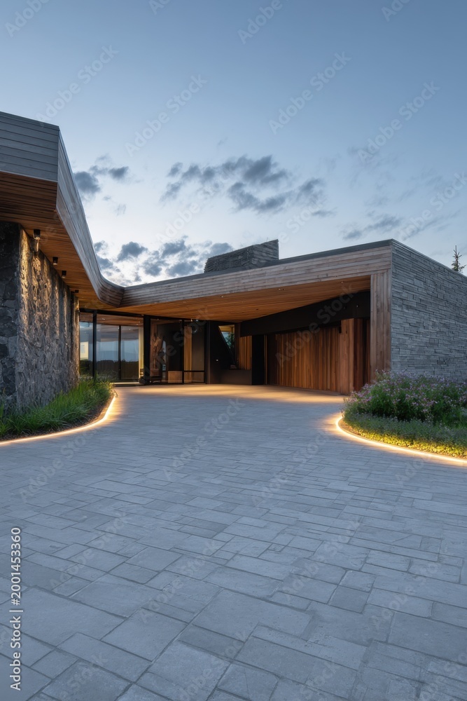 Fototapeta premium Modern building design features smooth lines and natural materials at dusk in a serene outdoor setting surrounded by grass and stones