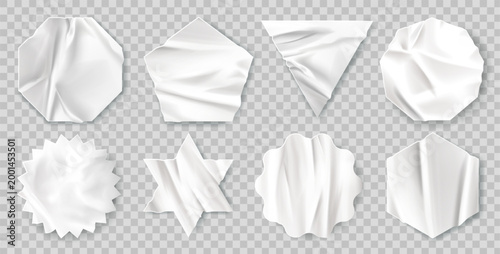 Sticker collection with crumpled texture and torn edges - realistic round labels, starburst tags and glued paper effects. Blank white mockups of adhesive patches, badges and price design elements