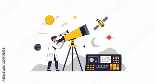 Scientist Observing the Cosmos Through a Powerful Telescope Illustration.