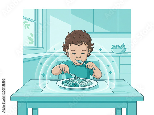 Cute toddler eating a nutritious meal with a fork representing safe food for vulnerable populations on World Food Safety Day with conceptual glowing protection rings and health plus icons
