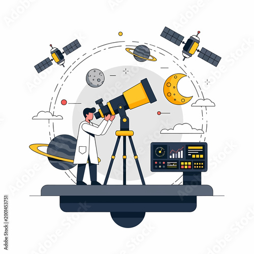 Scientist Observing the Cosmos Through a Powerful Telescope Illustration.