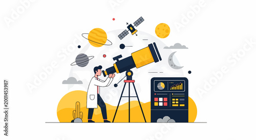 Scientist Observing the Cosmos Through a Powerful Telescope Illustration.