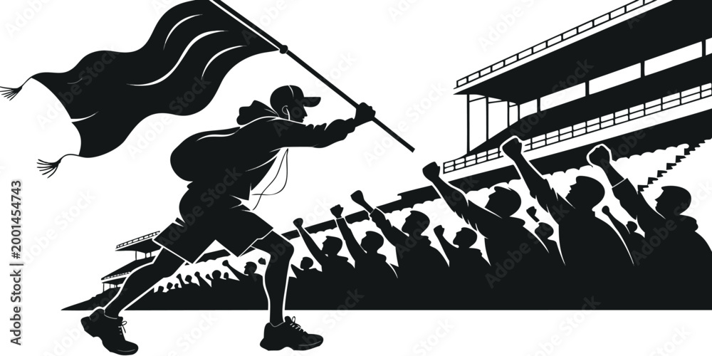 Obraz premium football match silhouette with cheering crowd and flag bearer high quality professional