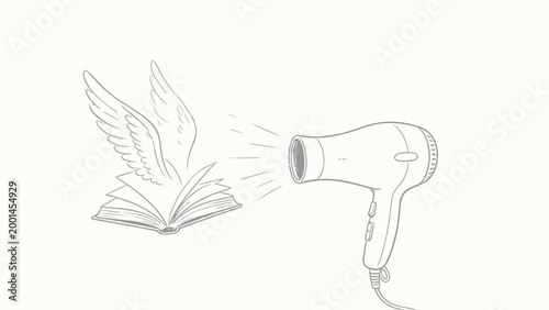 Surreal Monochrome Pencil Line Art Illustration of a Winged Open Book Facing a Blowing Hair Dryer, Playful Conceptual Visual Pun