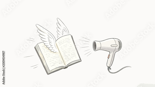 Whimsical surreal minimalist line art illustration of an open book with angel wings being blown back by an active hairdryer, soft neutral off-white palette