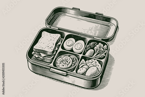 Bento-style lunchbox with sandwich, eggs, salad, and fruits, hand-drawn sketch style on beige background, concept of healthy meal prep
