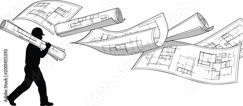 Businessman carrying blueprints, architectural plans, construction documents, engineering drawings