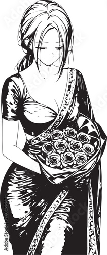 Elegant Manga Art of Romantic Couple Featuring Woman in Traditional Black Saree Holding a Rose Bouquet Isolated on White Background