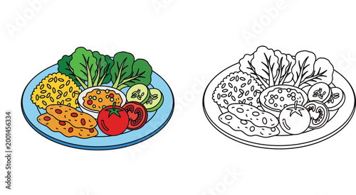 Healthy meal plate with yellow rice, grilled chicken, salad, tomato, and cucumber slices, vector illustration set with colored and line art outline version for kids coloring book