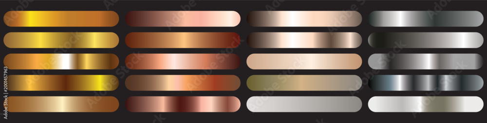 Fototapeta premium A vibrant collection of metallic gradients showcasing gold copper silver and rose gold tones in rectangular forms