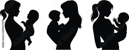 Mother and Baby Silhouettes in Profile Showing Affectionate Poses infant child