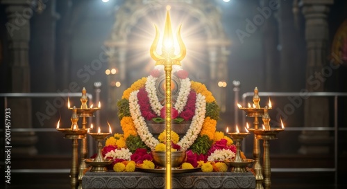 Divine Golden Vel Spear of Lord Murugan Glowing with Aura on Temple Altar for Skanda Sashti Festival Celebration Background