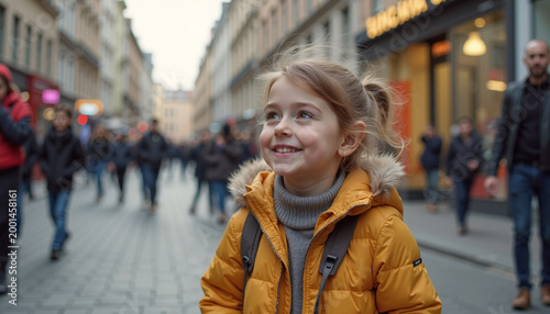 Cheerful girl in yellow jacket smiling happily while walking in busy city street. Joyful expression of girl in urban environment captures lively atmosphere of city life for lifestyle photography.