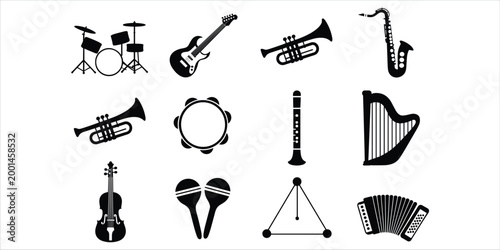 Collection of black silhouette musical instruments on a white background drum kit electric guitar
