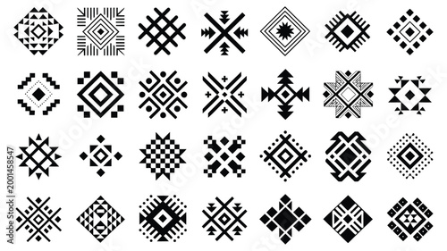 Aztec Geometric Tribal Ornament Collection, Ethnic Motif Elements of Native American and Ancient Peru Culture, Traditional Decorative Art Emblems in Detailed Vector Set
