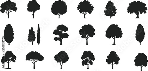 Assortment of Diverse Tree Silhouettes in Black and White nature plant