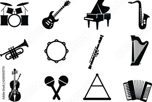 Array of Musical Instrument Silhouettes in Black and White sound melody