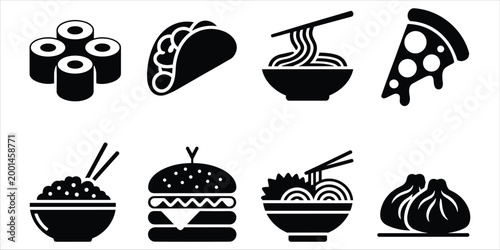 Collection of Fast Food Icons in Black Silhouette on White Background sushi taco
