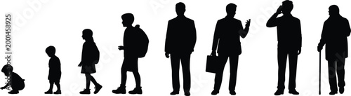 Silhouettes of people in different stages of life from childhood to old age on a white background vector