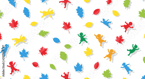 Colorful Silhouettes of Children Playing Among Autumn Leaves.