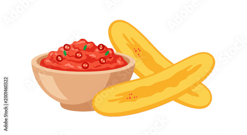 Vibrant flat illustration of golden plantain slices next to a rustic bowl of spicy red chili sauce, presenting a delicious and flavorful snack concept ideal for healthy eating