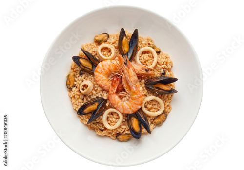 Delicious seafood paella with shrimp and mussels